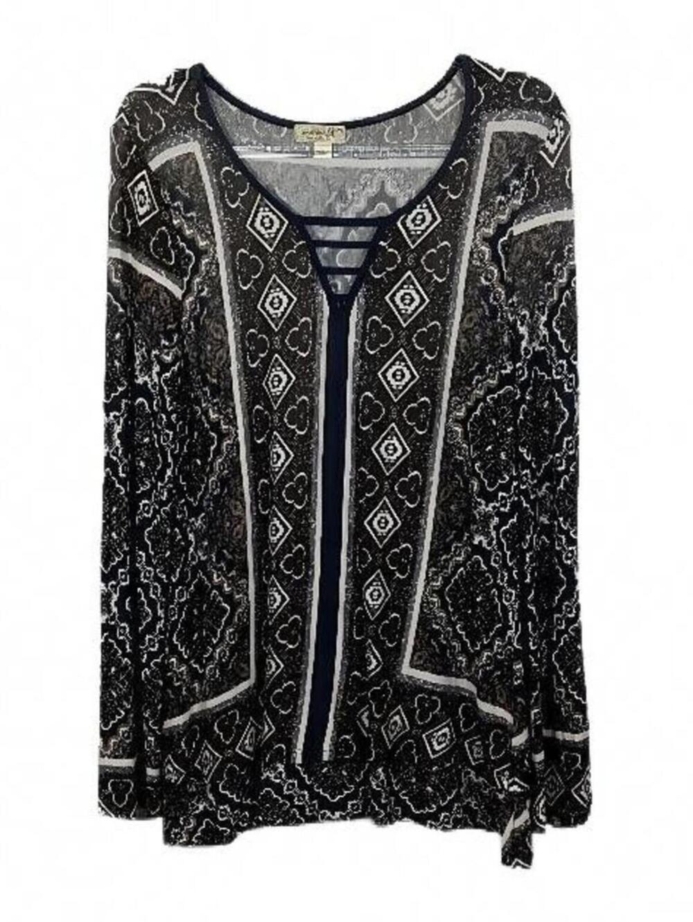 One World Live & Let Live Womens Size M Black White Jersey Knit LS Tunic Top M